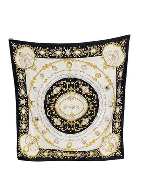 Vintage 90s Joan Rivers Classics Collection Silk Scarf Black Gold Baroque Print